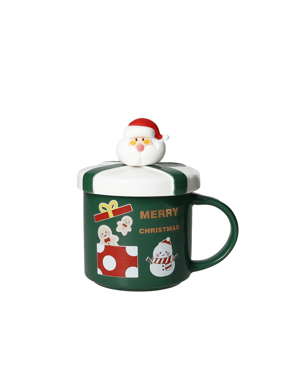 BRANDANI TAZZA MUG C-TAPPO VERDE NEW BONE CHINA C-CUCCHIAINO BABBO NATALE GOLD INOX-SILICONE