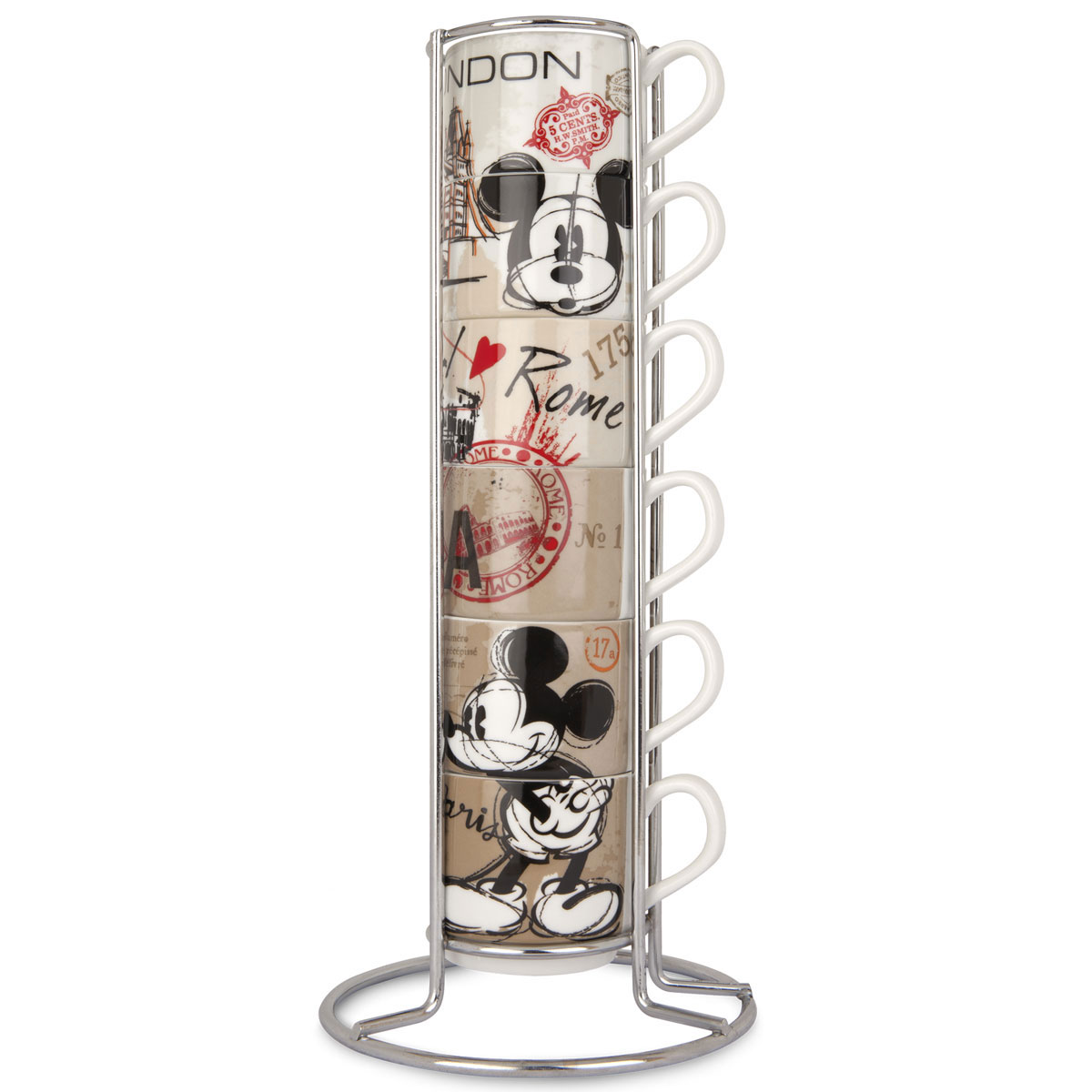 Egan Tazze Caffe Impilabili Mickey Mouse In the City con Metal Rack Set 6 pezzi